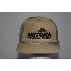 Vintage Daytona International Speedway Beige Corduroy Snapback Rope Hat USA Made